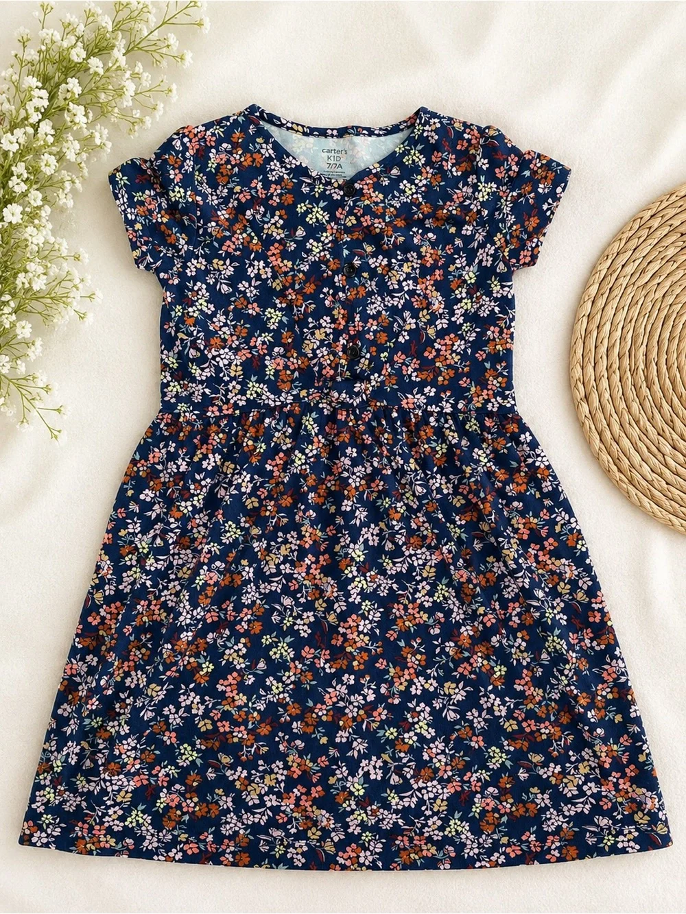 Carter's Navy Floral Short-Sleeve Kids Dress size 7